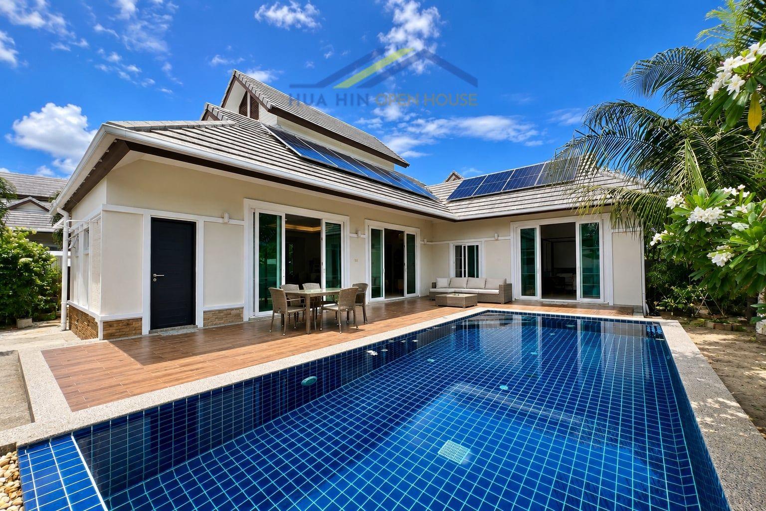 Spacious 3-bedroom pool villa with mountain views, modern design, and outdoor seating area in Emerald Scenery Hua Hin.