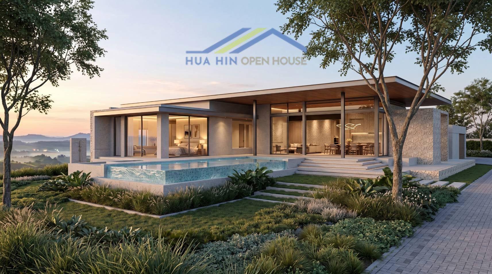 Modern pool villa with landscaped garden, large windows, and a serene outdoor area near Khao Tao Beach, Hua Hin.