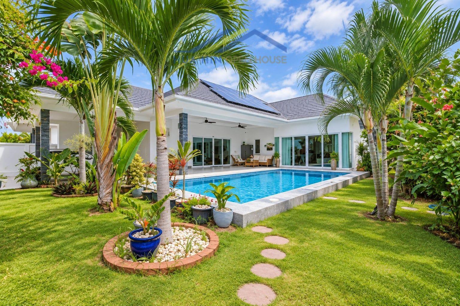 Modern 3-bedroom villa in Hua Hin featuring a private pool, lush garden, and outdoor seating area. Perfect for relaxation.