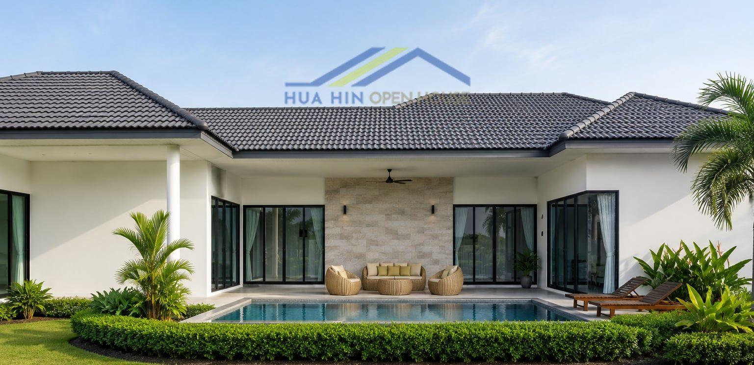 Modern tropical villa with a private pool, stylish outdoor seating, and lush landscaping in Hin Lek Fai, Hua Hin.